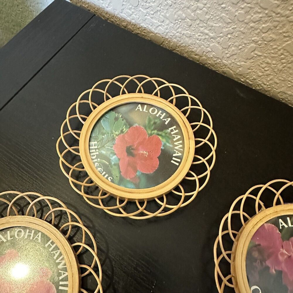 Vintage Wicker Framed Flower Coasters Souvenir Hawaii Hibiscus Orchid Bird Of - Picture 4 of 7